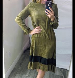 Beautiful drop waist silky olive green midi dress